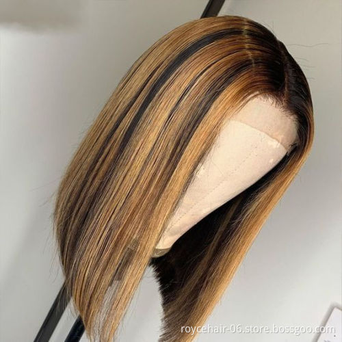 Cheap 10 Inch Highlight Piano Color Blunt Cut Double Drawn Bone Straight Raw Original Brazilian Human Hair Lace Bob Wig